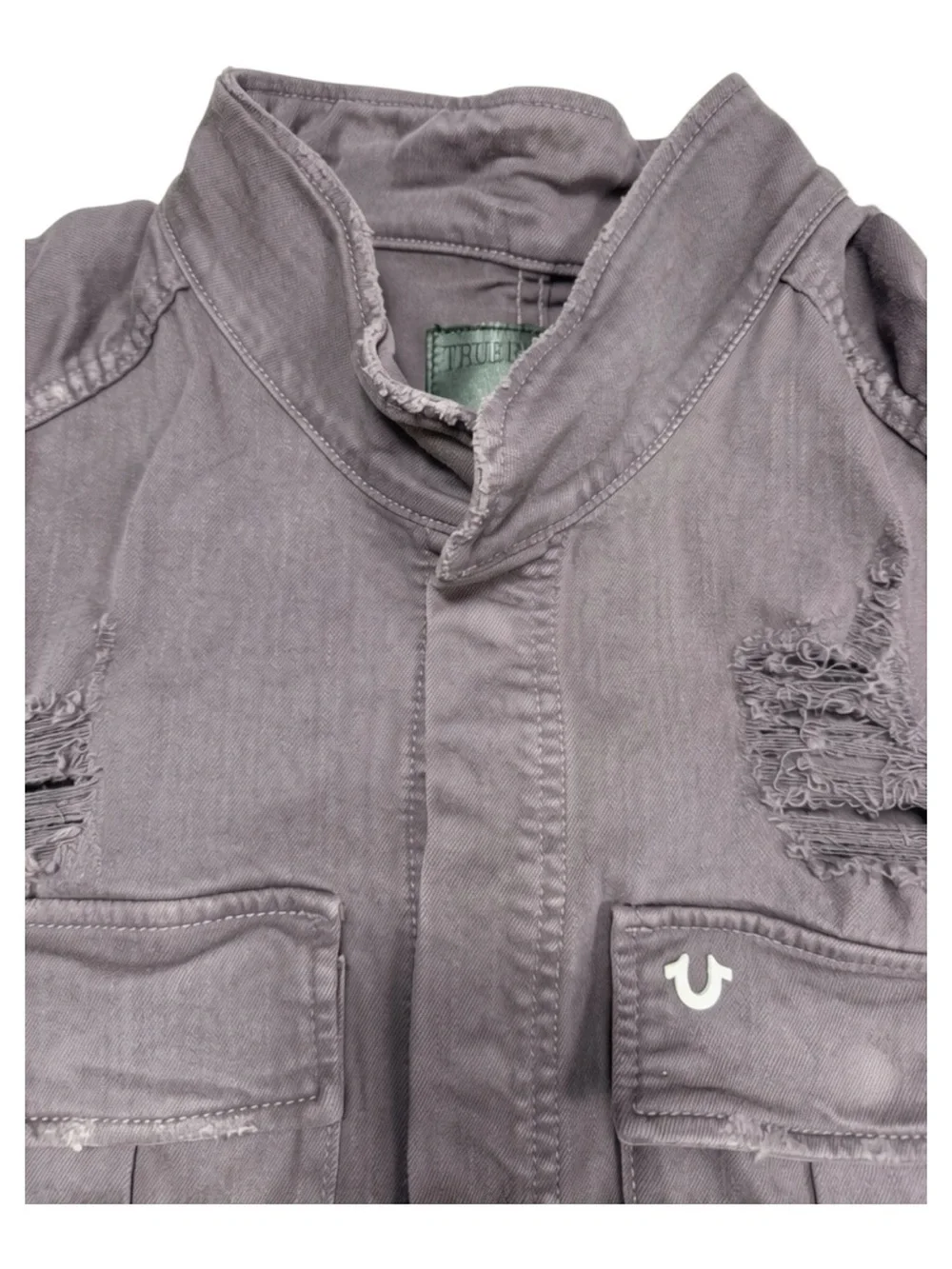 True Religion Brand Jeans Distressed Military Cotton Jacket In Charcoal Size 3XL
